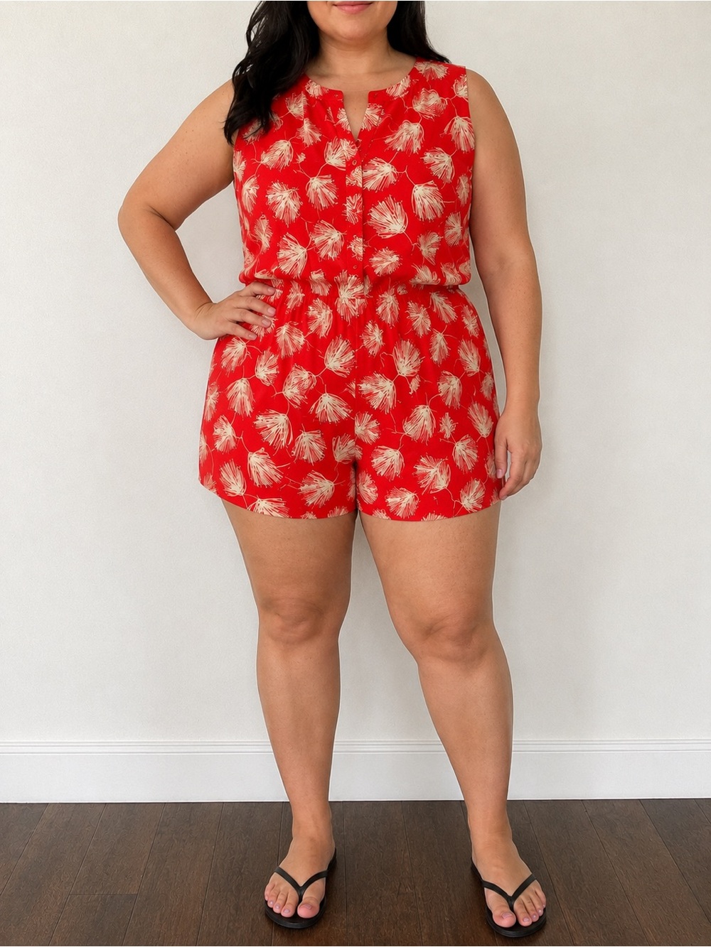 Forever 21 Red and Cream Tropical Sleeveless Romper